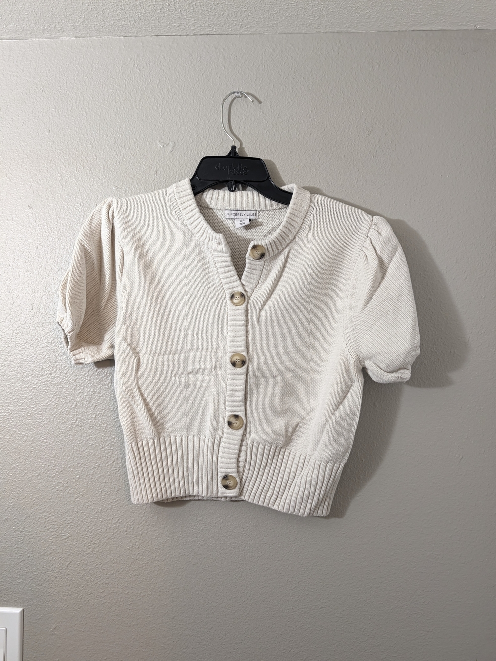 Sincerely Jules Cream Short Puff-Sleeve Button Cardigan
